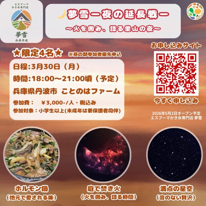 【3/30(月) 夜の部:限定4名】夢雪ー夜の延長戦ー 〜火を囲み、語る里山の夜〜